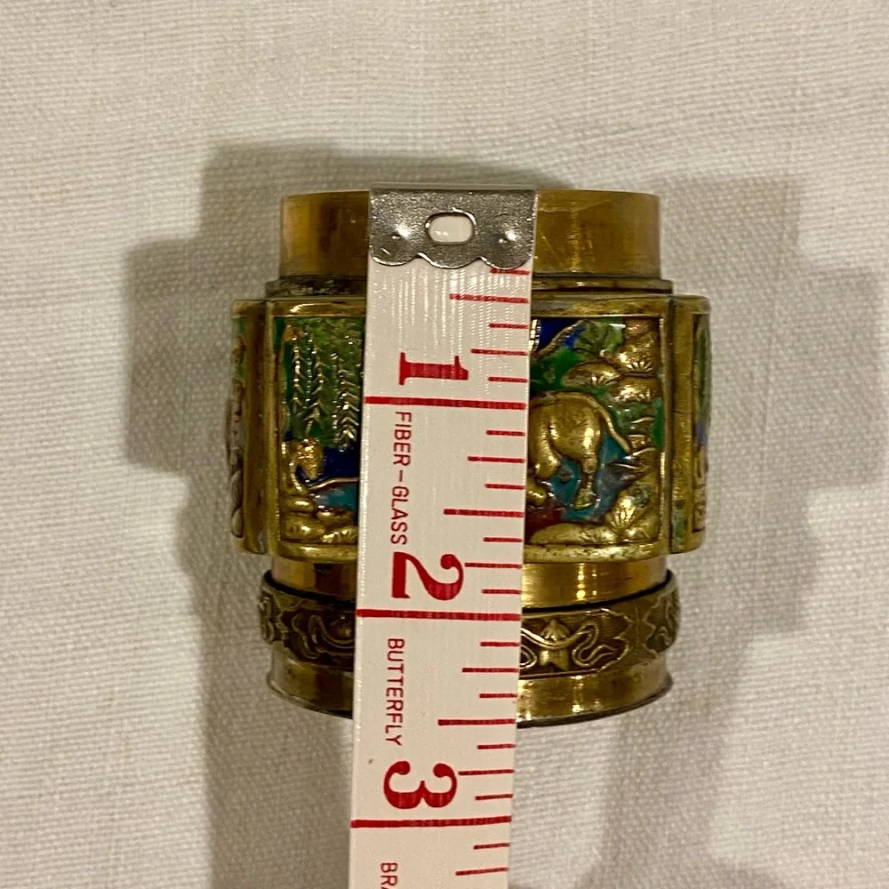 Vintage Chinese brass tea caddy - trinket box - enameled imagery